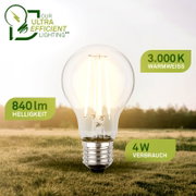 LED-filamentlamp met E27-schroeffitting, frontaal afgebeeld in een landschap; warmwit licht van 3000 K, 840 lumen en 4 W verbruik