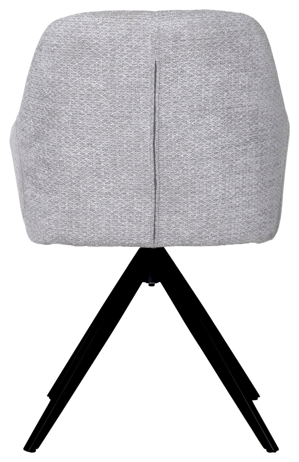 Rückansicht eines grauen Armlehnstuhls mit schwarzem Metallgestell