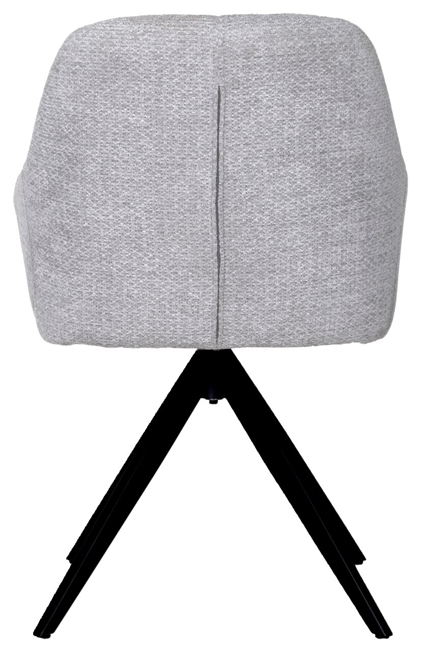 Rückansicht eines grauen Armlehnstuhls mit schwarzem Metallgestell