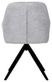 Rückansicht eines grauen Armlehnstuhls mit schwarzem Metallgestell