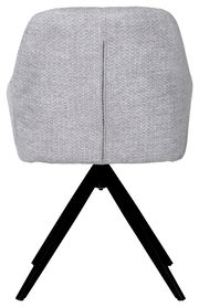 Rückansicht eines grauen Armlehnstuhls mit schwarzem Metallgestell