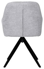 Rückansicht eines grauen Armlehnstuhls mit schwarzem Metallgestell