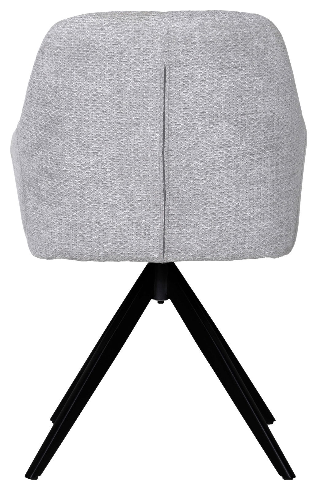 Rückansicht eines grauen Armlehnstuhls mit schwarzem Metallgestell