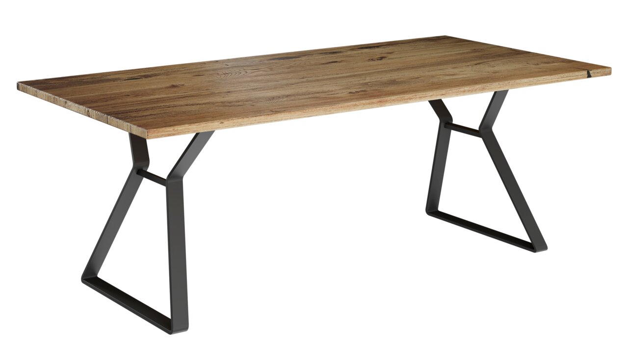 Moderne eettafel met houten blad en zwarte metalen poten, zijaanzicht