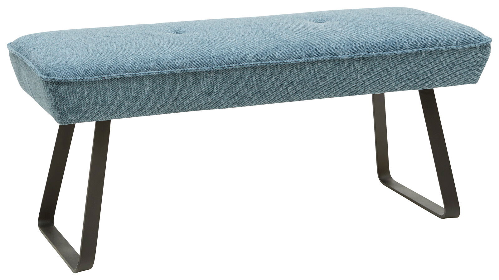 Hockerbank mit blauem Stoffbezug und schwarzen Metallbeinen, seitliche Perspektive