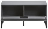 Garderobenbank in moderner, minimalistischer Optik, frontal fotografiert, mit zwei offenen Fächern und stabilen Beinen.