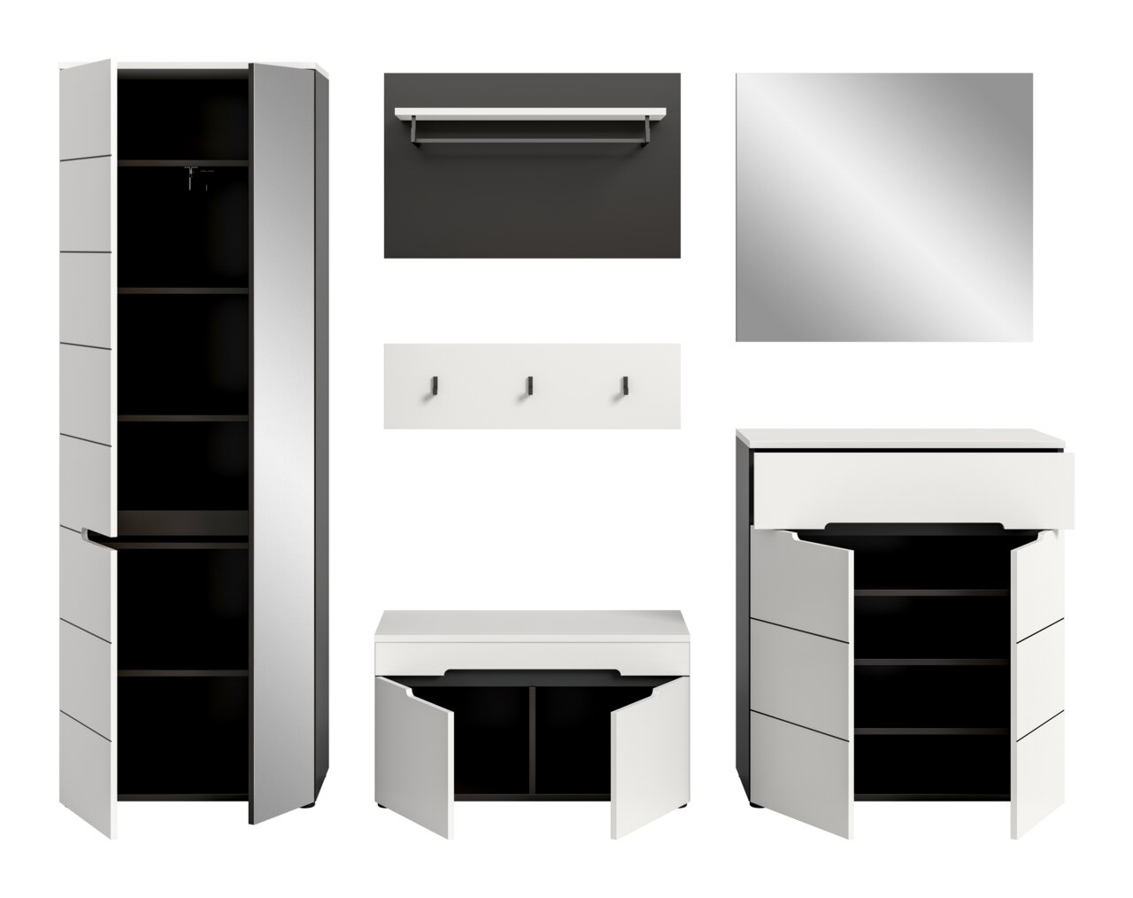 Modernes weißes Flur-/Badmöbel-Set mit Hochschrank und zwei Unterschränken mit geöffneten Türen, dazu Spiegel, Wandregal und Hakenleiste; Darstellung in Front- und leicht schräger Perspektive auf weißem Hintergrund.