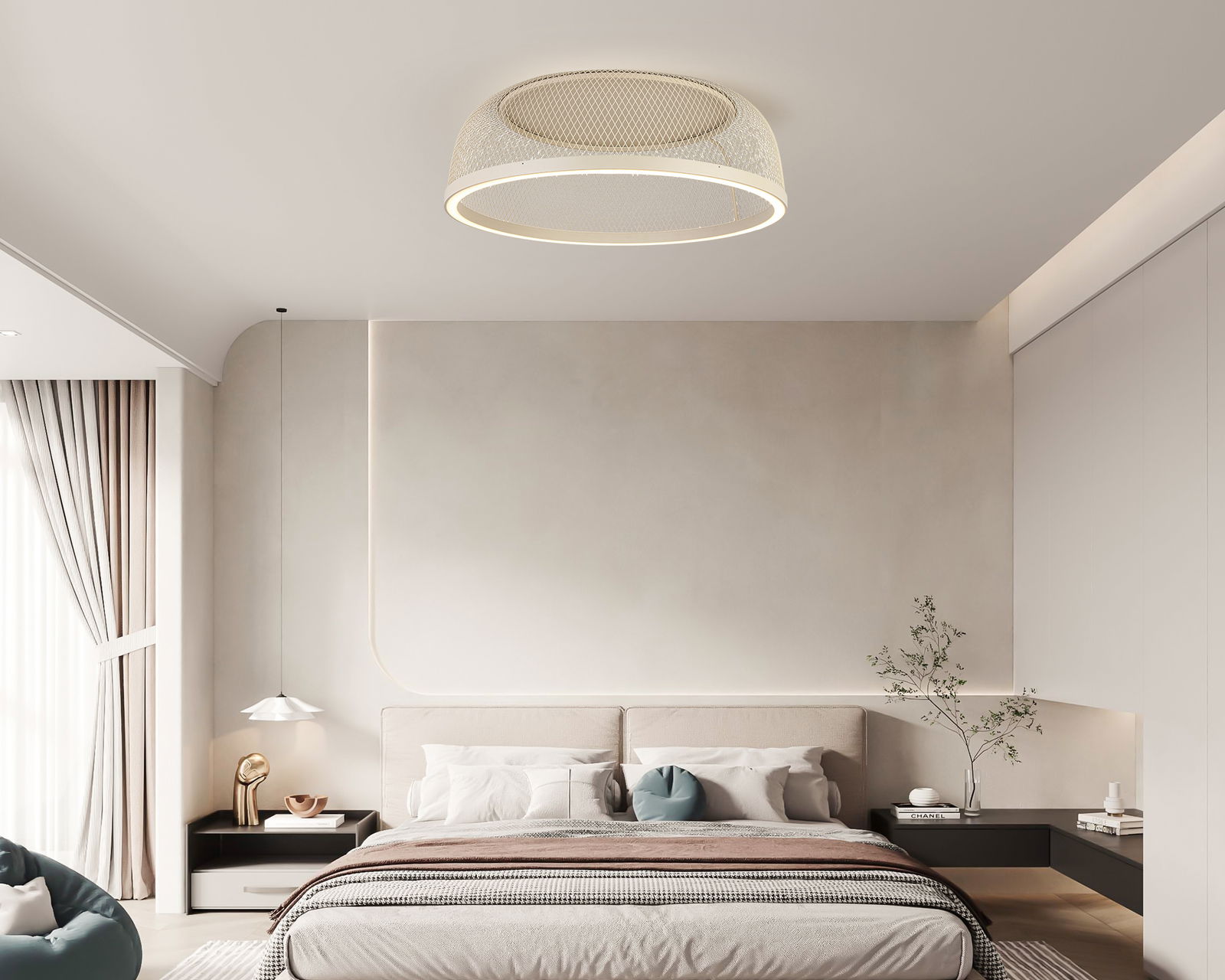 Moderne LED-Deckenleuchte in einem stilvollen Schlafzimmer, von unten betrachtet.