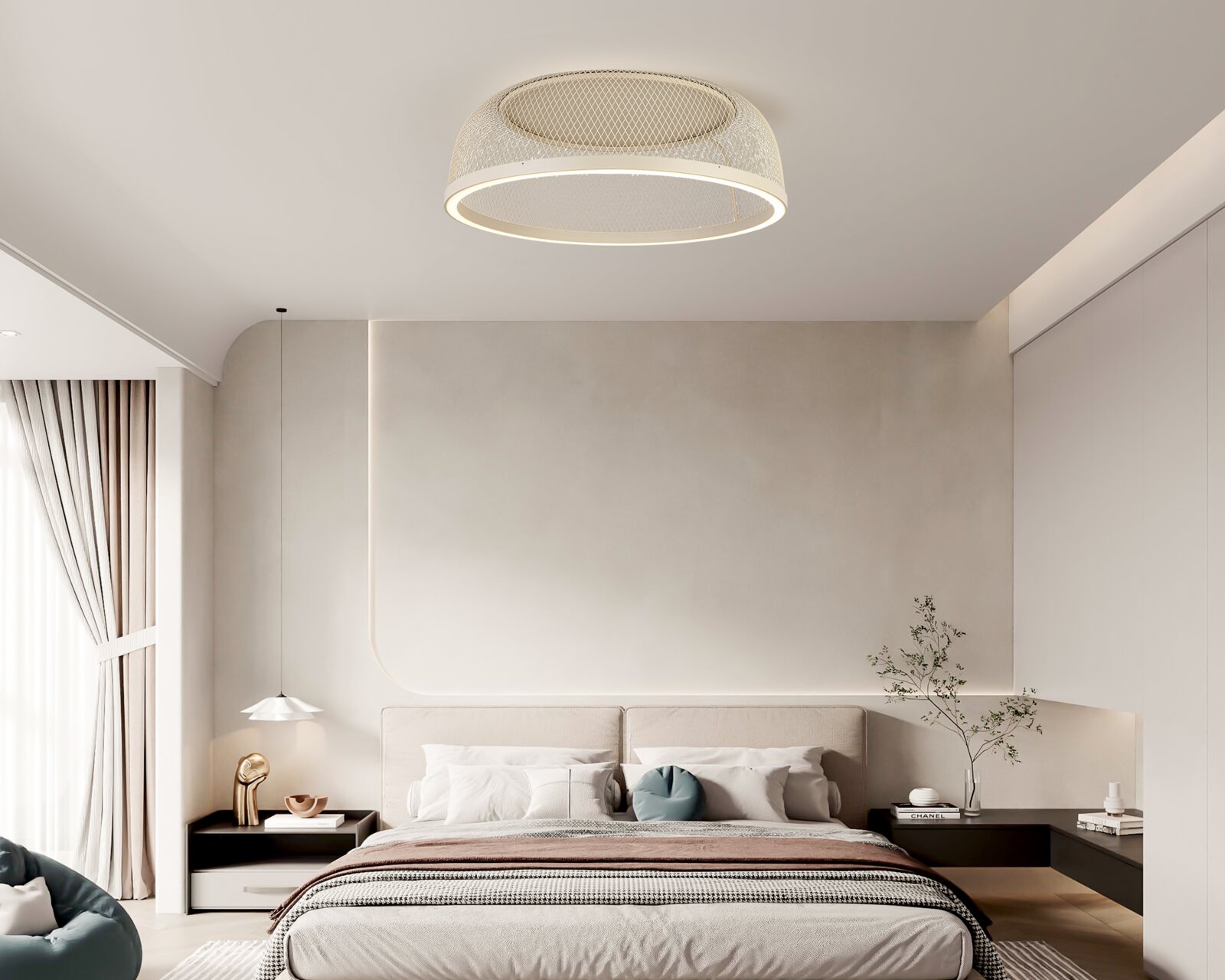 Moderne LED-Deckenleuchte in einem stilvollen Schlafzimmer, von unten betrachtet.