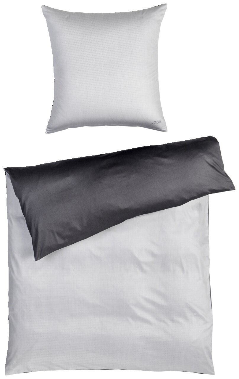 Bettwäsche-Set in Grau und Weiß, bestehend aus einem Kissenbezug und einem Bettdeckenbezug, aus der Vogelperspektive fotografiert.