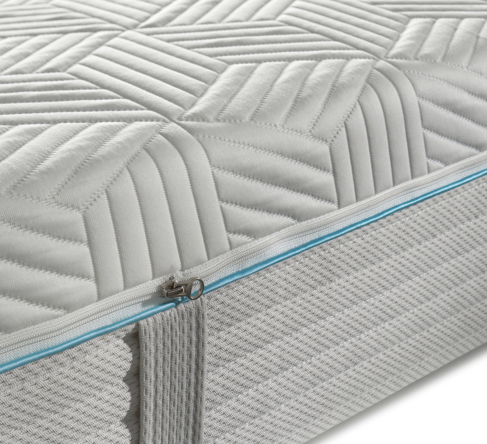 Nahaufnahme einer Gel-Taschenfederkernmatratze mit geometrischem Muster und Reißverschluss an der Seite.