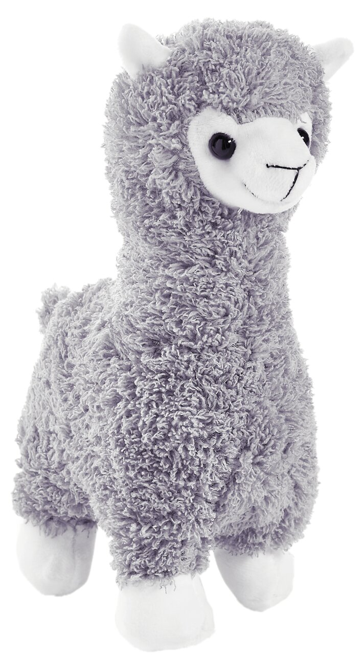 Plüschiges graues Alpaka-Stofftier mit weißem Gesicht, seitliche Perspektive