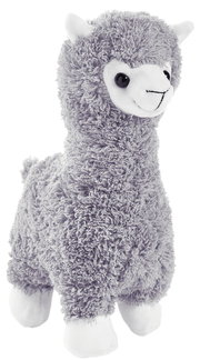 Plüschiges graues Alpaka-Stofftier mit weißem Gesicht, seitliche Perspektive