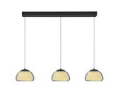 Moderne LED-Pendelleuchte LUXXO mit drei hängenden Lampenschirmen, seitliche Perspektive