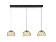 Moderne LED-Pendelleuchte LUXXO mit drei hängenden Lampenschirmen, seitliche Perspektive