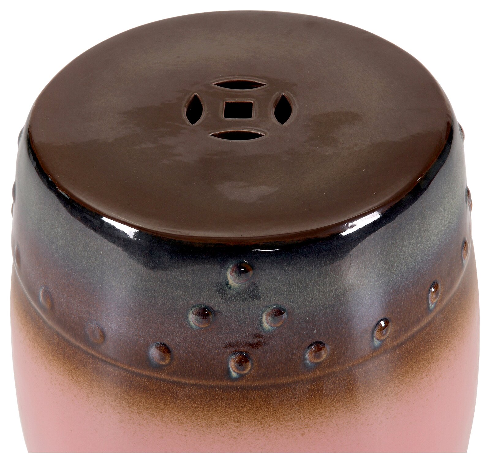 Z2 Beistelltisch KERAMOS Keramik-Räuchergefäß in Braun mit glänzendem Deckel und dekorativen Punkten, schräg von oben (Top-Front-Ansicht) fotografiert
