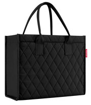 Schwarze, gesteppte Einkaufstasche mit zwei Griffen, seitliche Perspektive