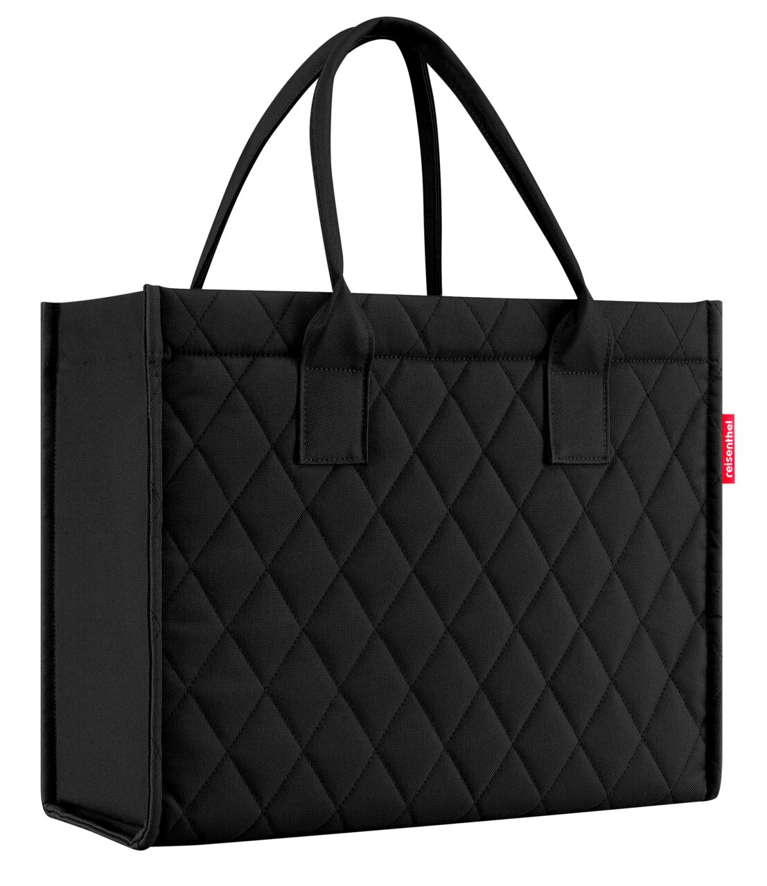 Schwarze, gesteppte Einkaufstasche mit zwei Griffen, seitliche Perspektive