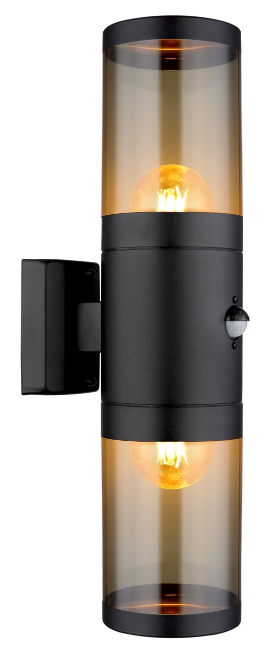 Moderne Außenleuchte mit zylindrischem Design, schwarzem Gehäuse und zwei sichtbaren Glühbirnen, seitliche Perspektive.