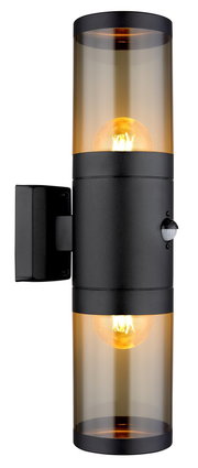 Moderne Außenleuchte mit zylindrischem Design, schwarzem Gehäuse und zwei sichtbaren Glühbirnen, seitliche Perspektive.