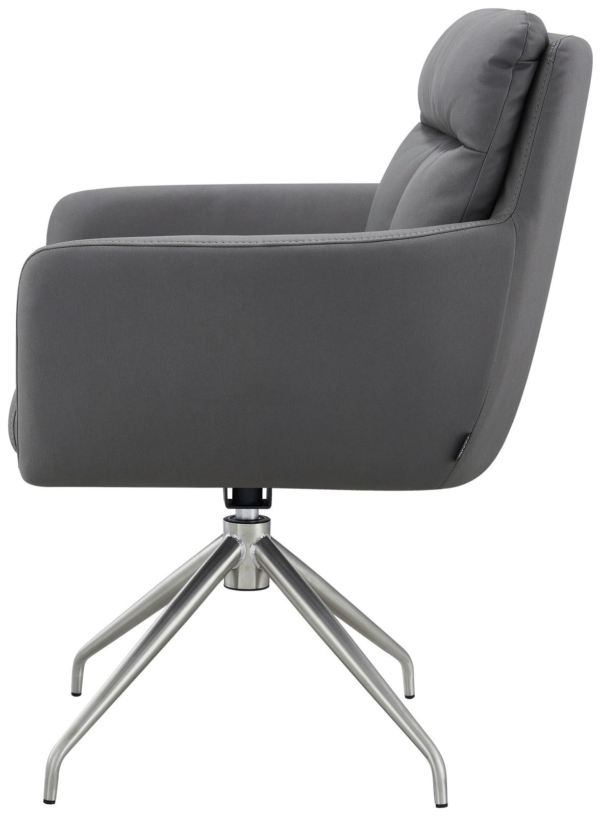 Grauer Armlehnstuhl mit Metallgestell, Seitenansicht