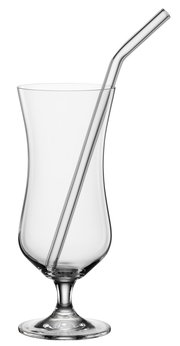 Ein elegantes Cocktailglas mit Stiel und einem gebogenen Trinkhalm, seitliche Ansicht.