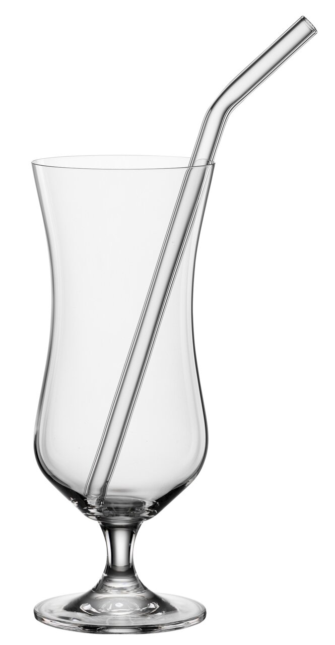 Een elegant cocktailglas met steel en een gebogen rietje, gezien vanaf de zijkant.