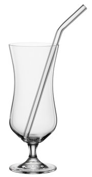 Een elegant cocktailglas met steel en een gebogen rietje, gezien vanaf de zijkant.