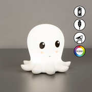 Niedliches Akku-Nachtlicht in Form eines Geistes mit großen Augen, von vorne betrachtet, mit RGBW-Farbwechsel und Touch-Steuerung.