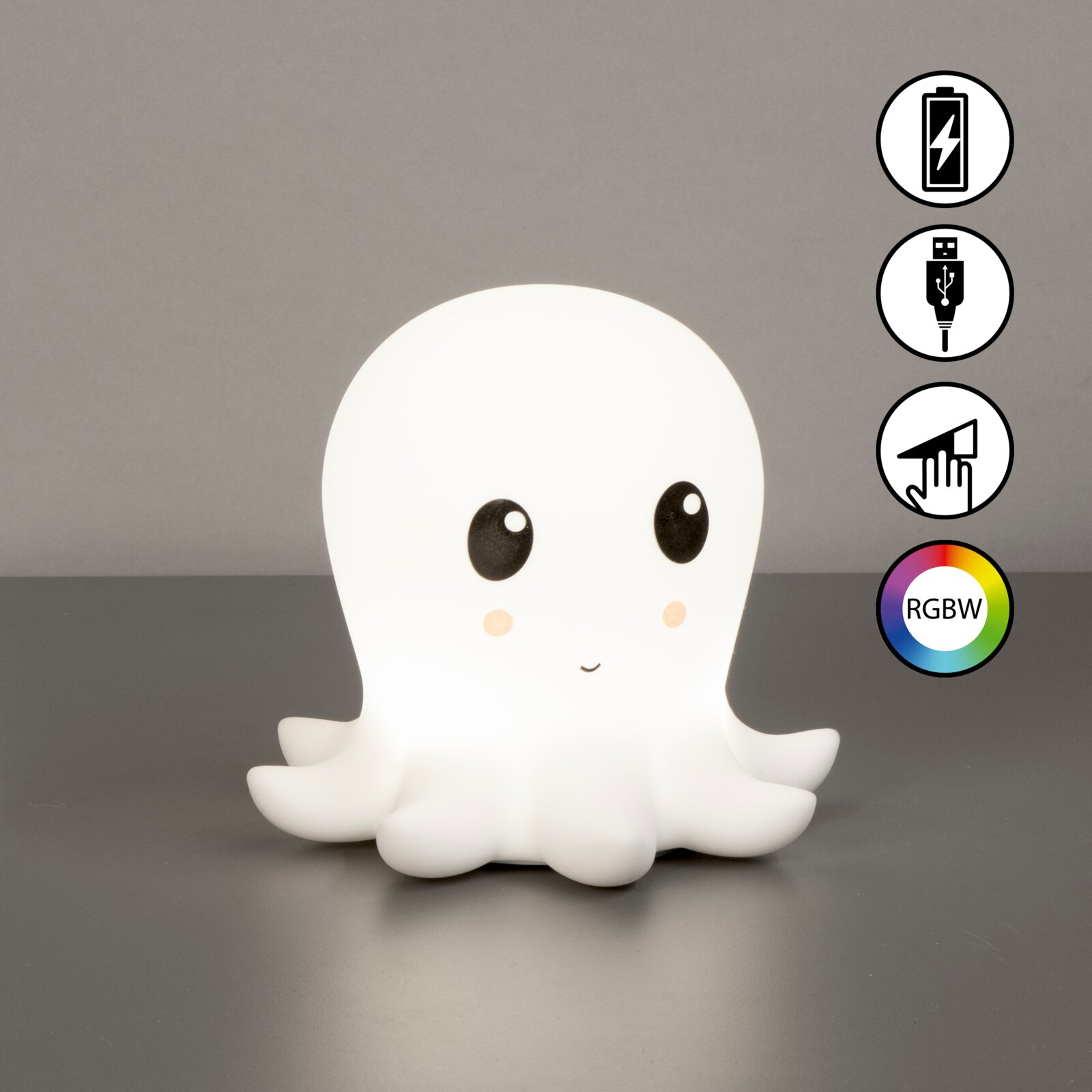 Schattig nachtlampje op batterijen in de vorm van een spookje met grote ogen, gezien van voren, met RGBW-kleurwisseling en aanraakbediening.