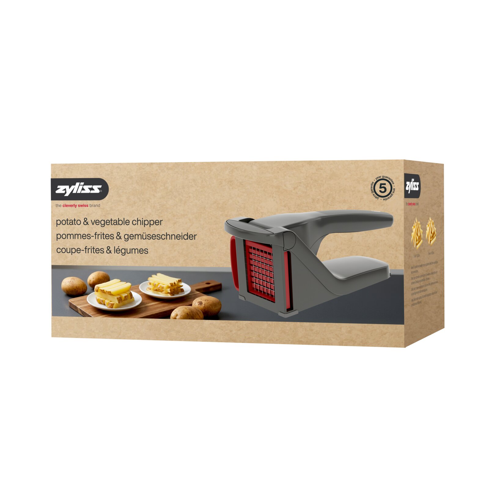 Zyliss aardappel- en groentesnijder (frietsnijder) in grijs met rood snijrooster op productverpakking, getoond in driekwart vooraanzicht.