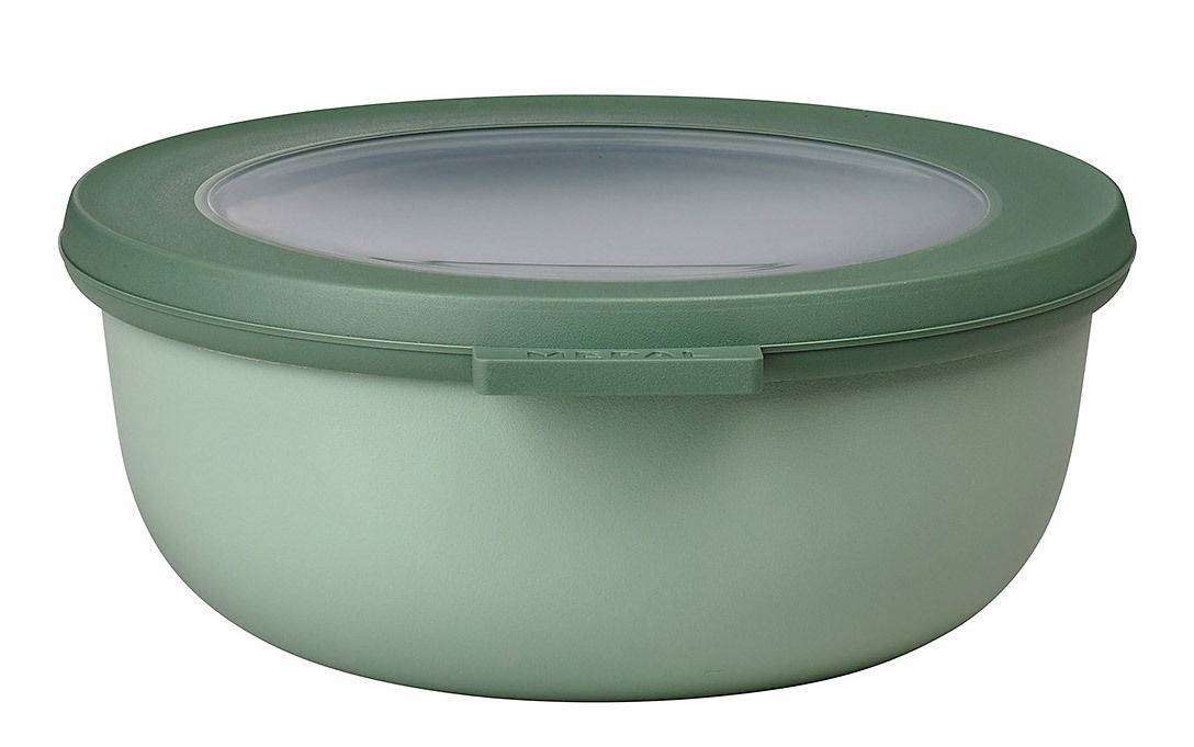 Grüne runde Multischüssel Cirqula mit transparentem Deckel, seitliche Perspektive