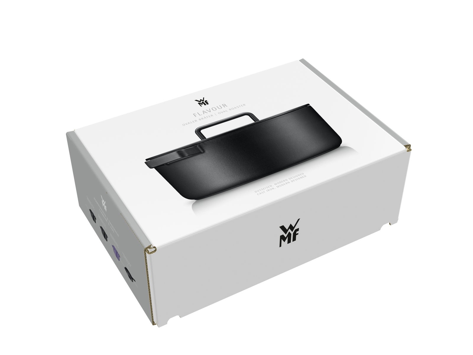 Verpackung des WMF Flavour ovalen Bräters 33x26cm, schräg von oben fotografiert.