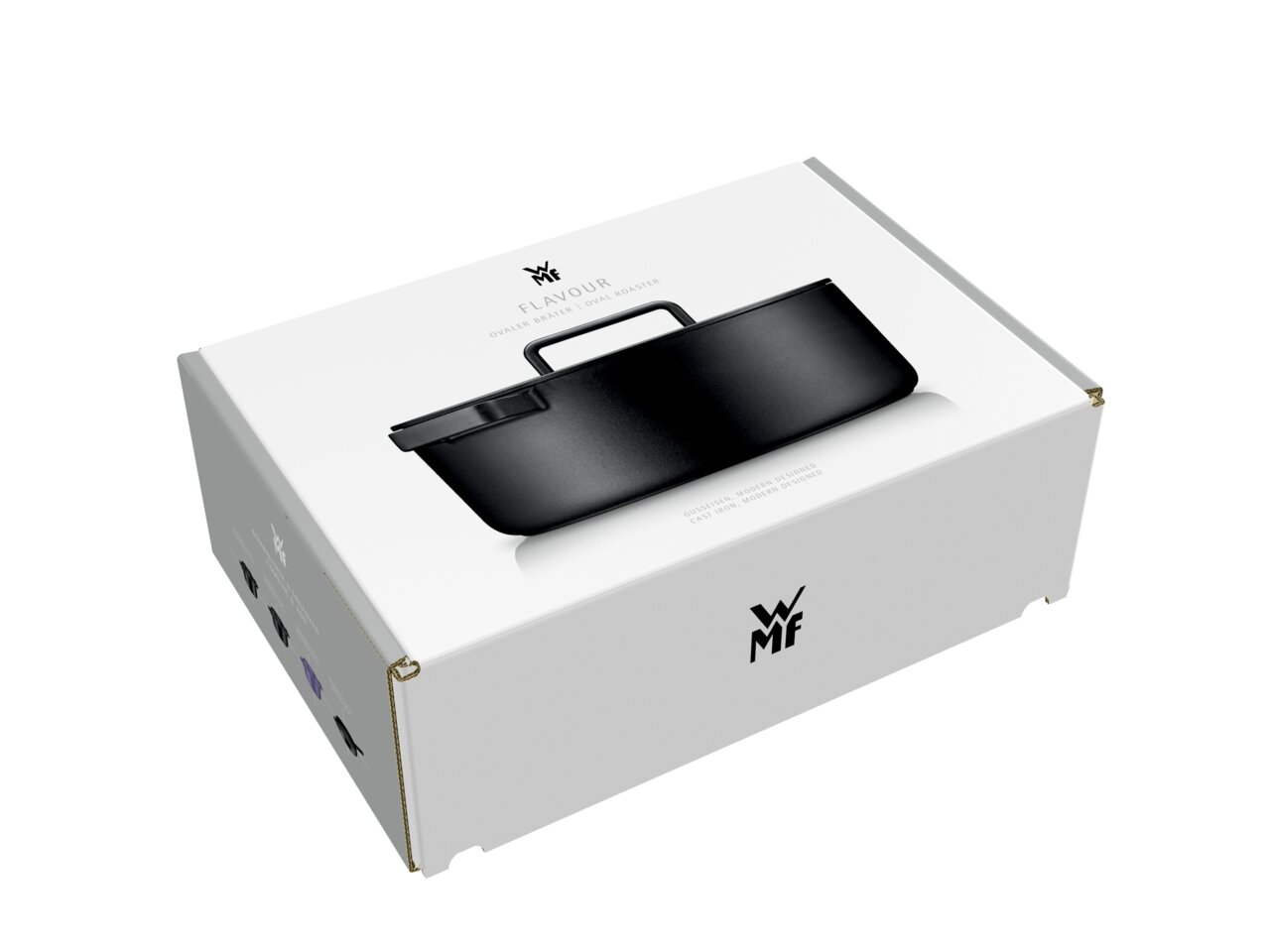 Verpakking van de ovale braadpan WMF Flavour 33x26 cm, schuin van bovenaf gefotografeerd.