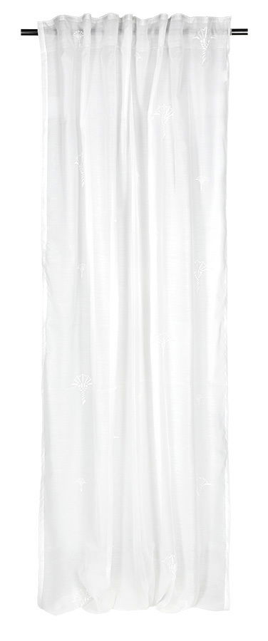 JOOP! Vorhang J!NOLA Weißer Vorhang mit dezentem Muster, frontal fotografiert, aufgehängt an einer Stange.