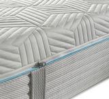 Nahaufnahme einer Gel-Taschenfederkernmatratze mit geometrischem Muster und blauem Reißverschluss.