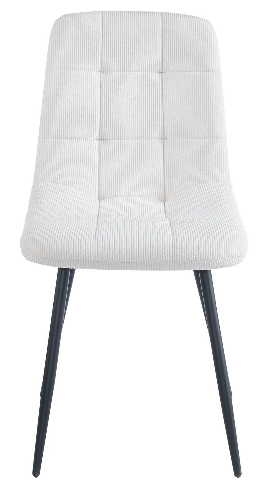 Moderner weißer Stuhl mit gestepptem Stoffbezug und schwarzen Metallbeinen, Frontalansicht