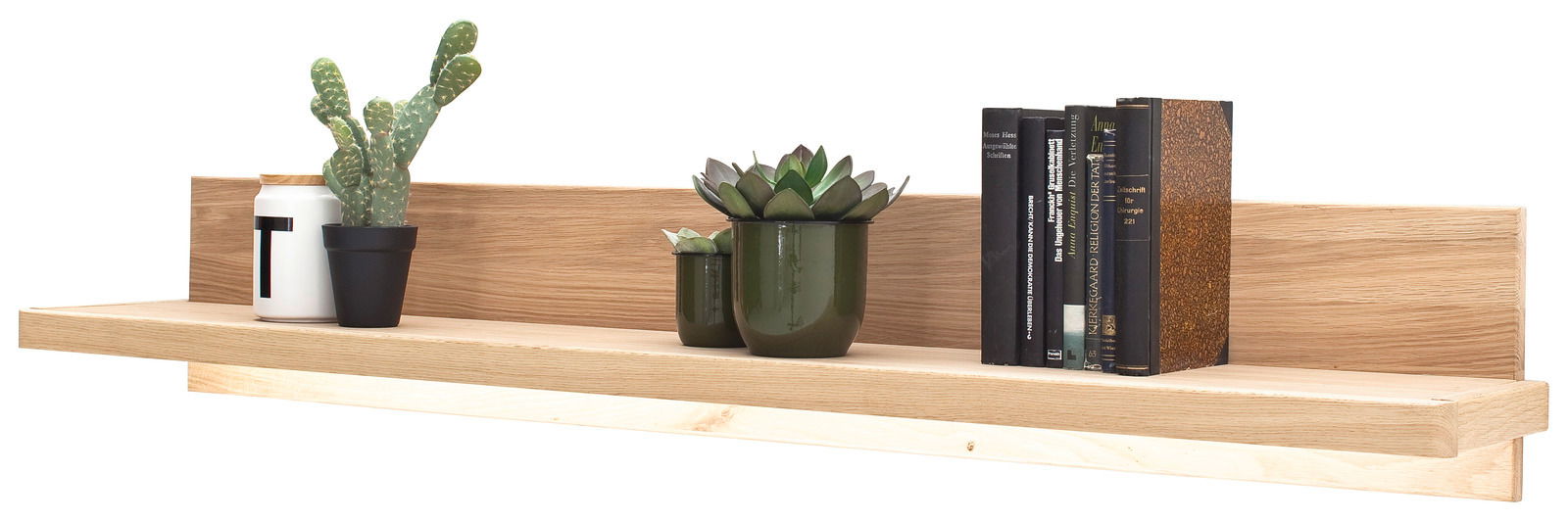 Holz-Wandboard mit Dekorationen wie Pflanzen und Büchern, seitliche Perspektive