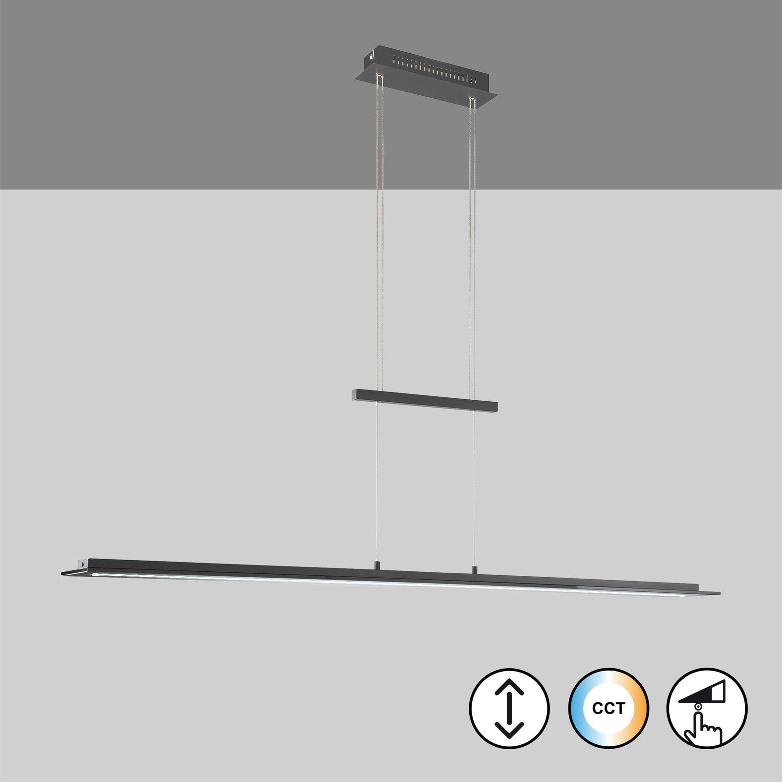 Moderne Pendelleuchte Bill in schwarzem Design, von der Seite betrachtet, mit höhenverstellbaren Seilen und CCT-Funktion.