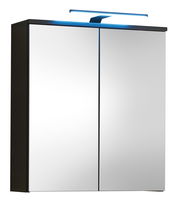 Moderner Spiegelschrank mit zwei Türen und integrierter LED-Beleuchtung, seitliche Perspektive