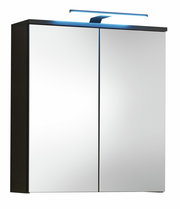 Moderner Spiegelschrank mit zwei Türen und integrierter LED-Beleuchtung, seitliche Perspektive