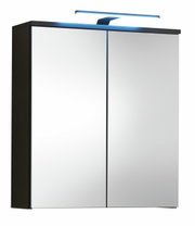 Moderner Spiegelschrank mit zwei Türen und integrierter LED-Beleuchtung, seitliche Perspektive