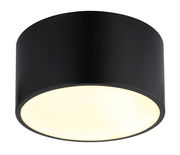 Schwarze zylindrische Deckenleuchte mit leuchtender Unterseite, seitliche Perspektive