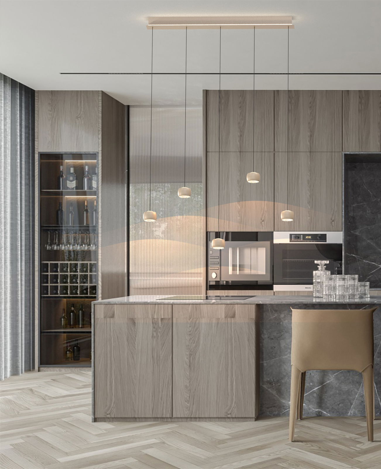 Moderne LED-Pendelleuchte in einer stilvollen Küche, seitliche Perspektive