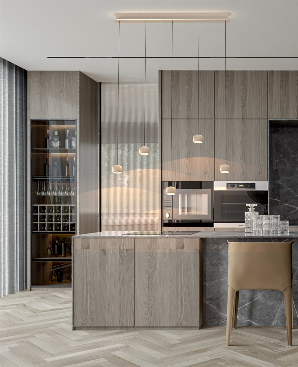 Moderne LED-Pendelleuchte in einer stilvollen Küche, seitliche Perspektive