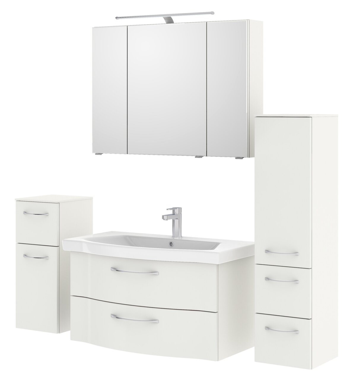 Pelipal Badblock SERIE 6005 SPRINT Badezimmermöbel-Set in Weiß mit Spiegelschrank, Waschbeckenunterschrank und zwei Hochschränken, frontal betrachtet