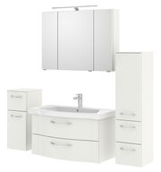Badezimmermöbel-Set in Weiß mit Spiegelschrank, Waschbeckenunterschrank und zwei Hochschränken, frontal betrachtet