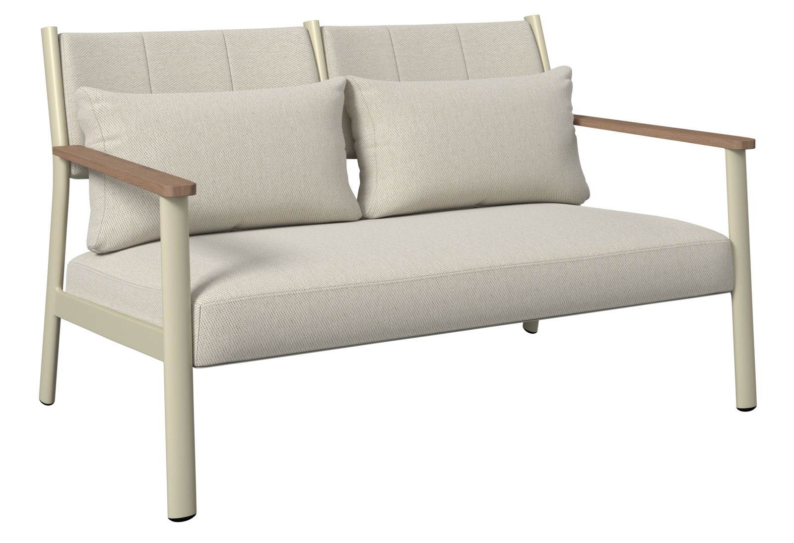 Gartenlounge-Set mit beigem Stoff und Holzarmlehnen, seitliche Perspektive