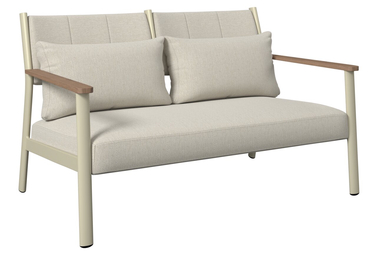 Gartenlounge-Set mit beigem Stoff und Holzarmlehnen, seitliche Perspektive