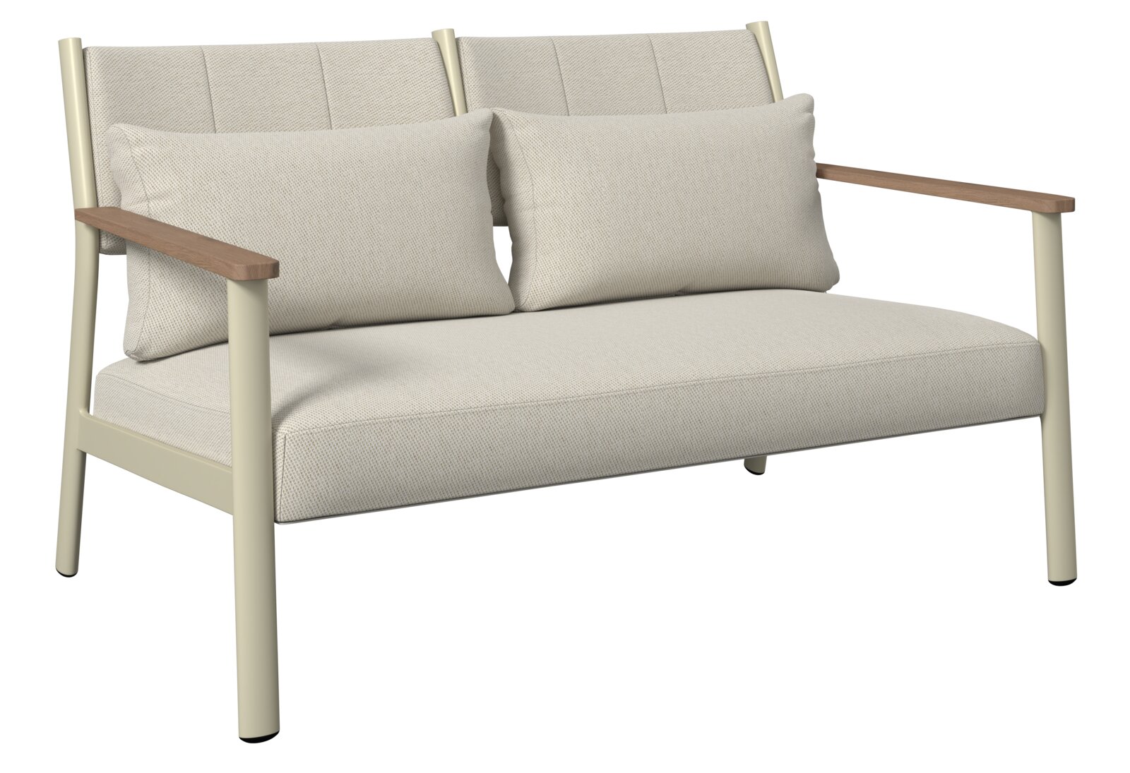 Gartenlounge-Set mit beigem Stoff und Holzarmlehnen, seitliche Perspektive